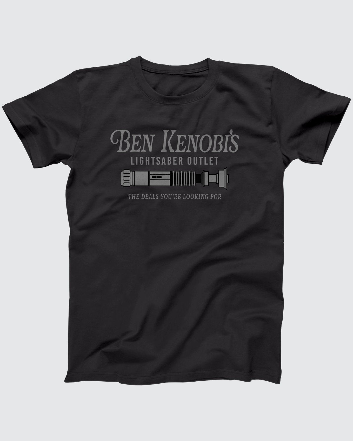 Ben Kenobi's Lightsaber Outlet T-Shirt, flat lay on grey
