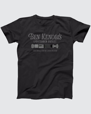 Ben Kenobi's Lightsaber Outlet t-shirt in Dark Grey, flat lay on grey