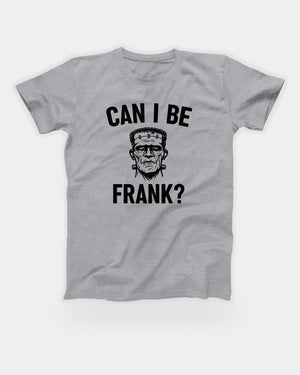 Can I Be Frank T-Shirt in Athletic Heather, flat lay on grey