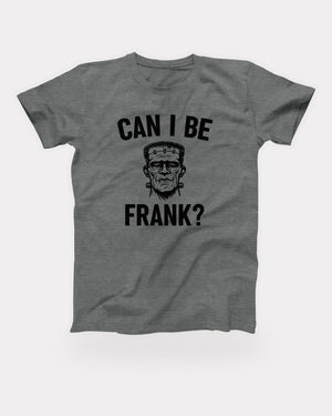 Can I Be Frank T-Shirt in Deep Heather, flat lay on grey