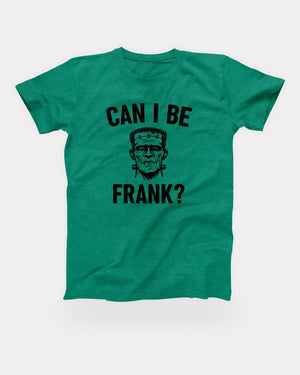 Can I Be Frank T-Shirt in Heather Kelly, flat lay on grey