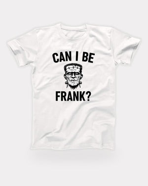 Can I Be Frank T-Shirt in White, flat lay on grey