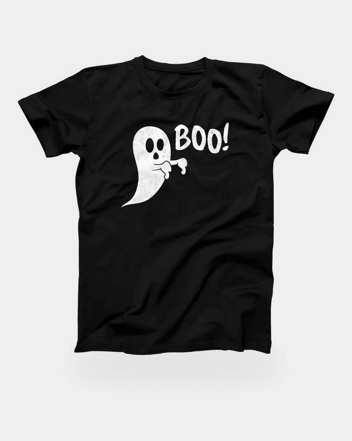 Boo Ghost T-Shirt in Black, flat lay on grey