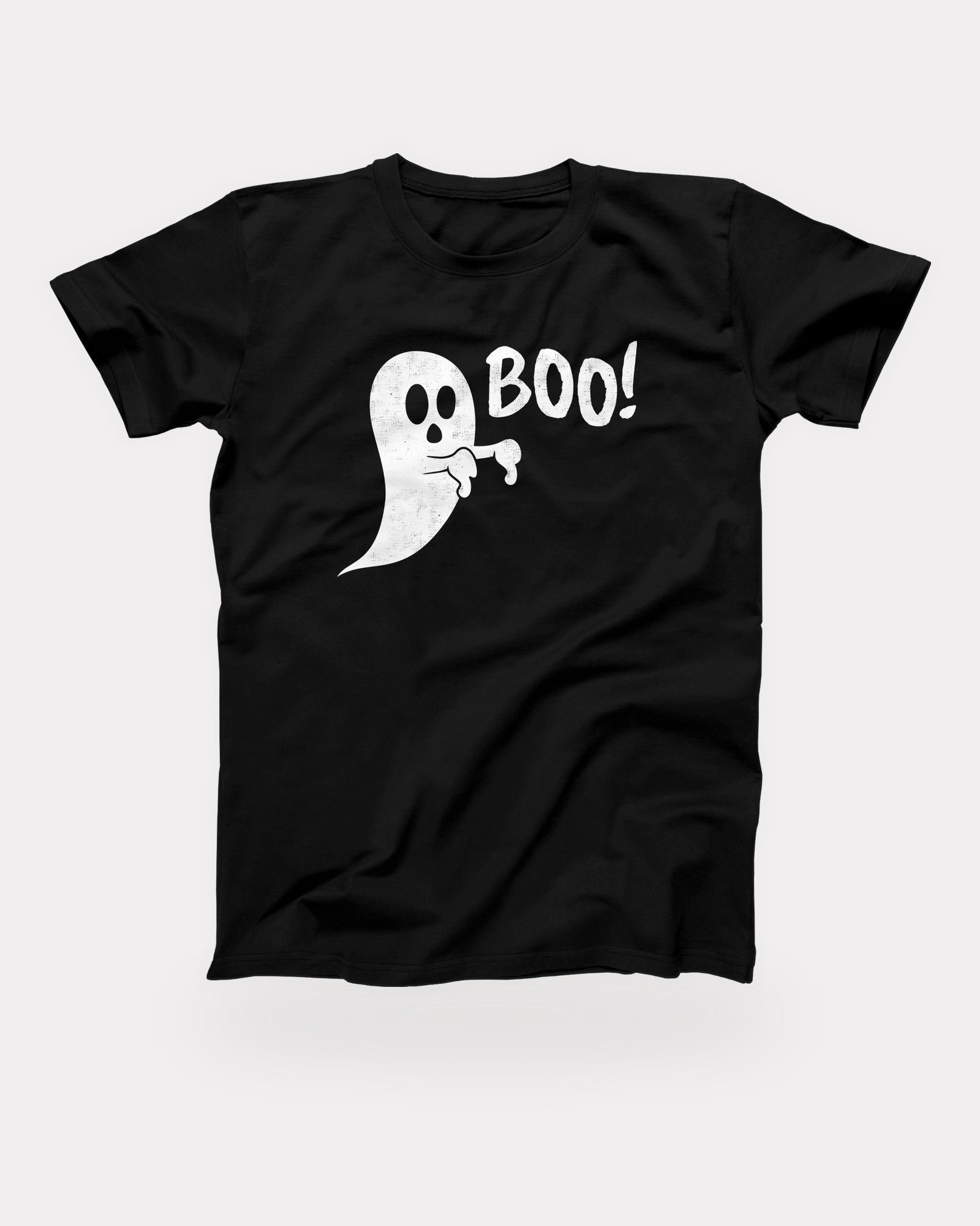 Boo Ghost T-Shirt in Black, flat lay on grey