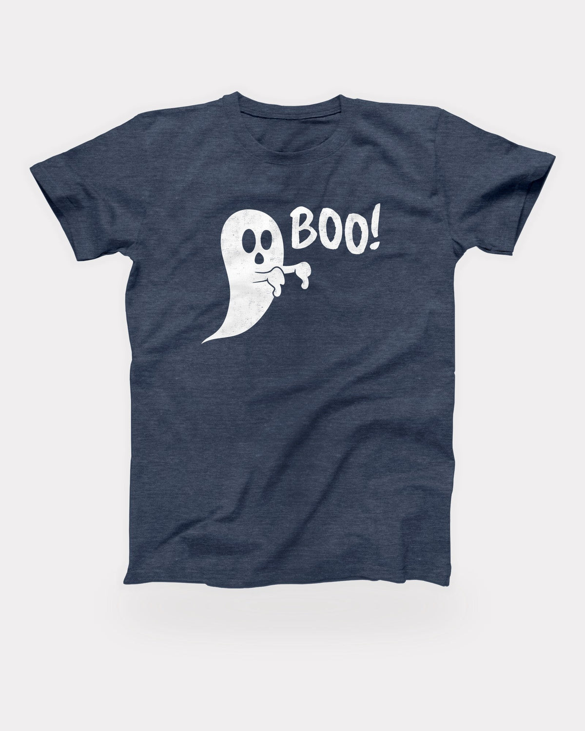 Boo Ghost T-Shirt in Heather Navy, flat lay on grey