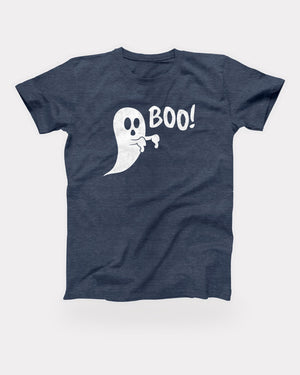Boo Ghost T-Shirt in Heather Navy, flat lay on grey