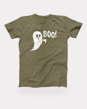 Boo Ghost T-Shirt in Heather Olive, flat lay on grey