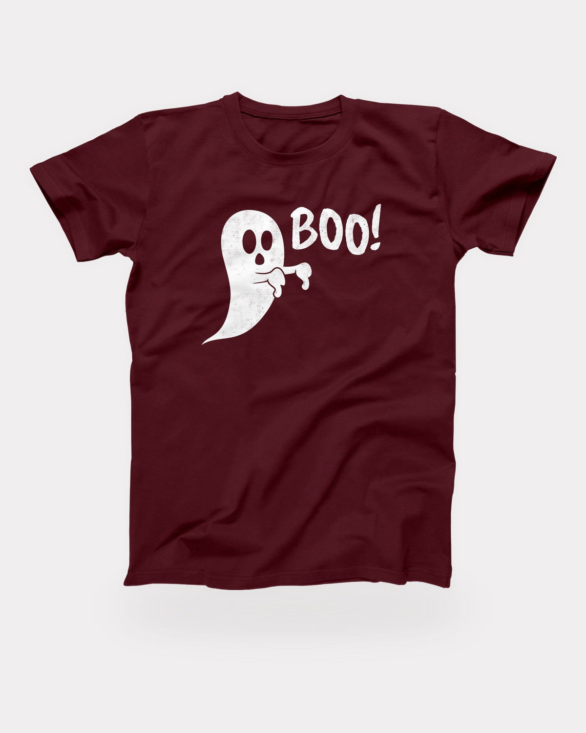 Boo Ghost T-Shirt in Maroon, flat lay on grey