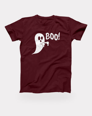 Boo Ghost T-Shirt in Maroon, flat lay on grey