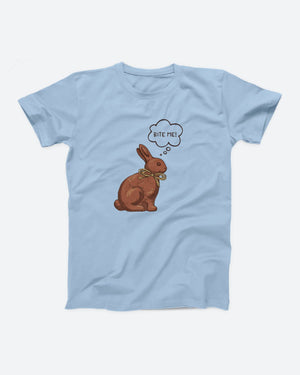Bite Me t-shirt in Baby Blue, flat lay on grey