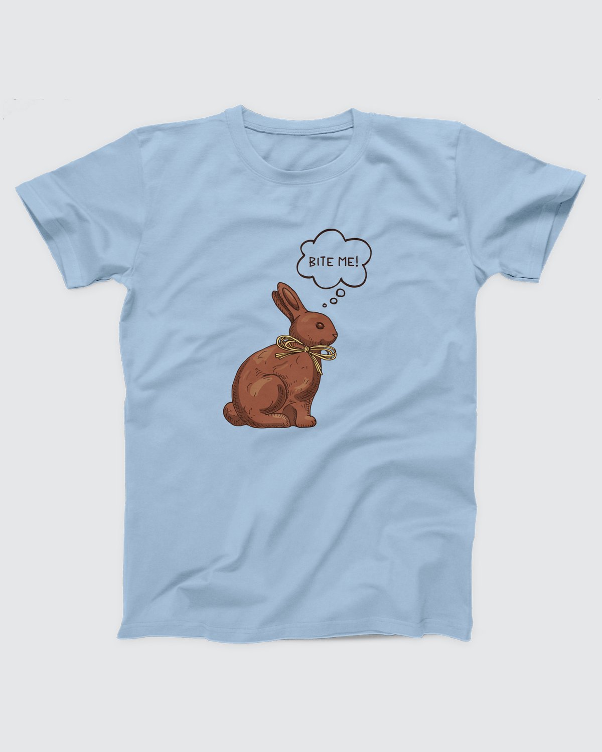 Bite Me t-shirt in Baby Blue, flat lay on grey