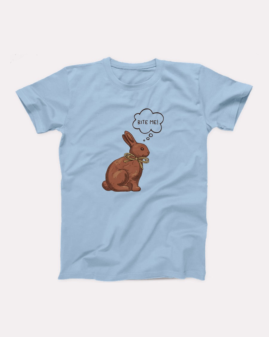 Bite Me t-shirt in Baby Blue, flat lay on grey
