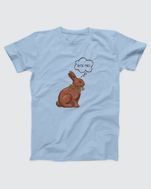 Bite Me t-shirt in Baby Blue, flat lay on grey