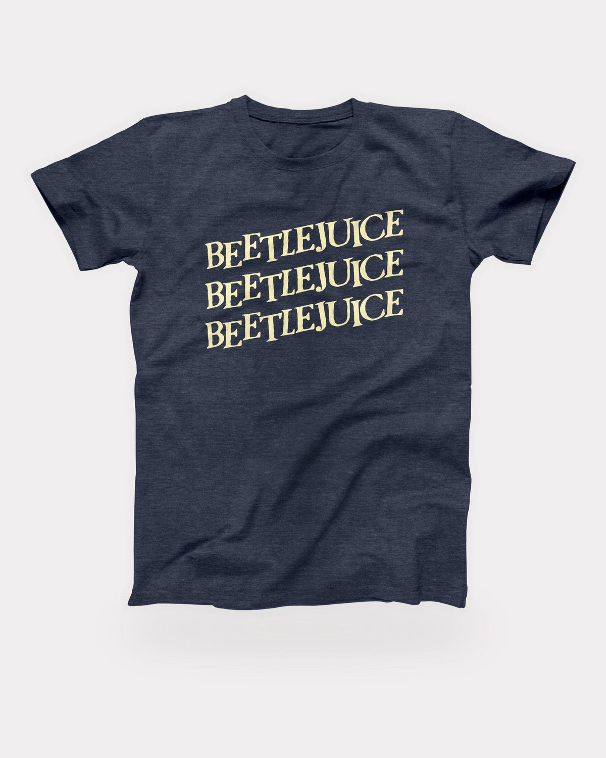 Beetlejuice T-Shirt in Heather Midnight Navy, flat lay on grey