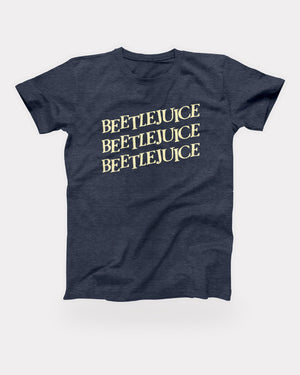 Beetlejuice T-Shirt in Heather Midnight Navy, flat lay on grey