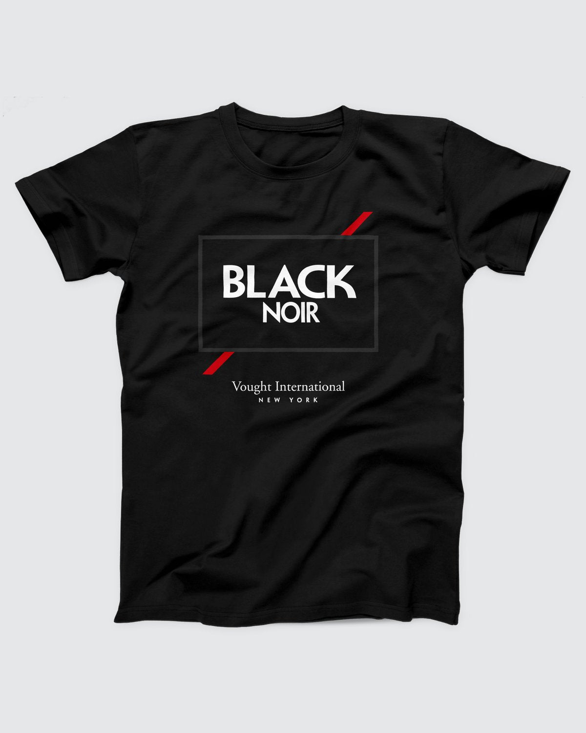 Black Noir T-Shirt, flat lay on grey