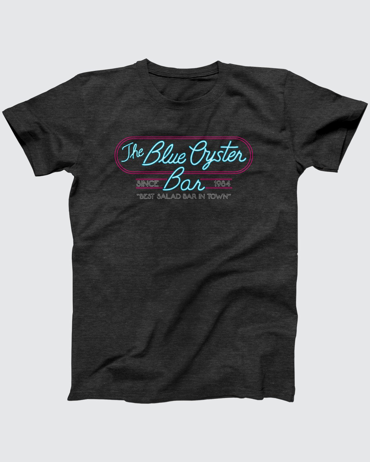 Blue Oyster Bar T-Shirt, flat lay on grey