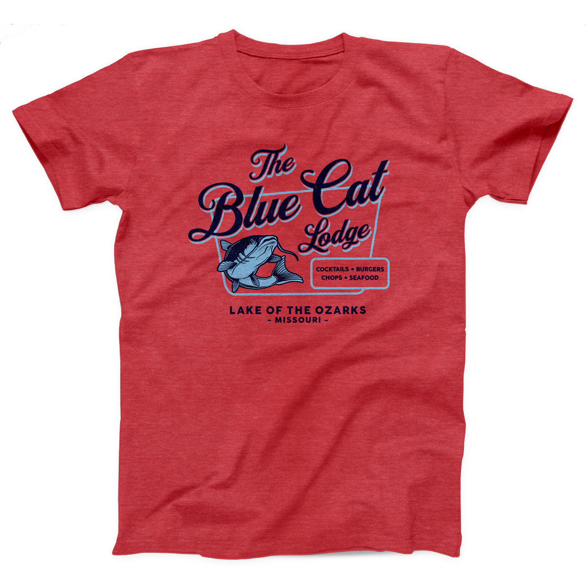Blue Cat Lodge T-Shirt, flat lay, Heather Red