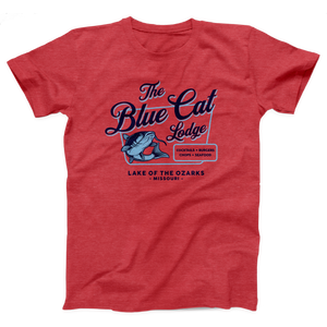 Blue Cat Lodge T-Shirt, flat lay, Heather Red