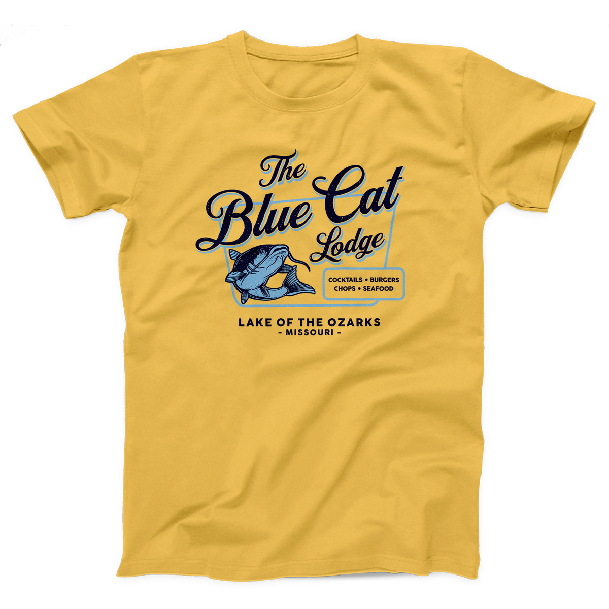 Blue Cat Lodge T-Shirt, flat lay, Maize Yellow