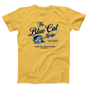 Blue Cat Lodge T-Shirt, flat lay, Maize Yellow