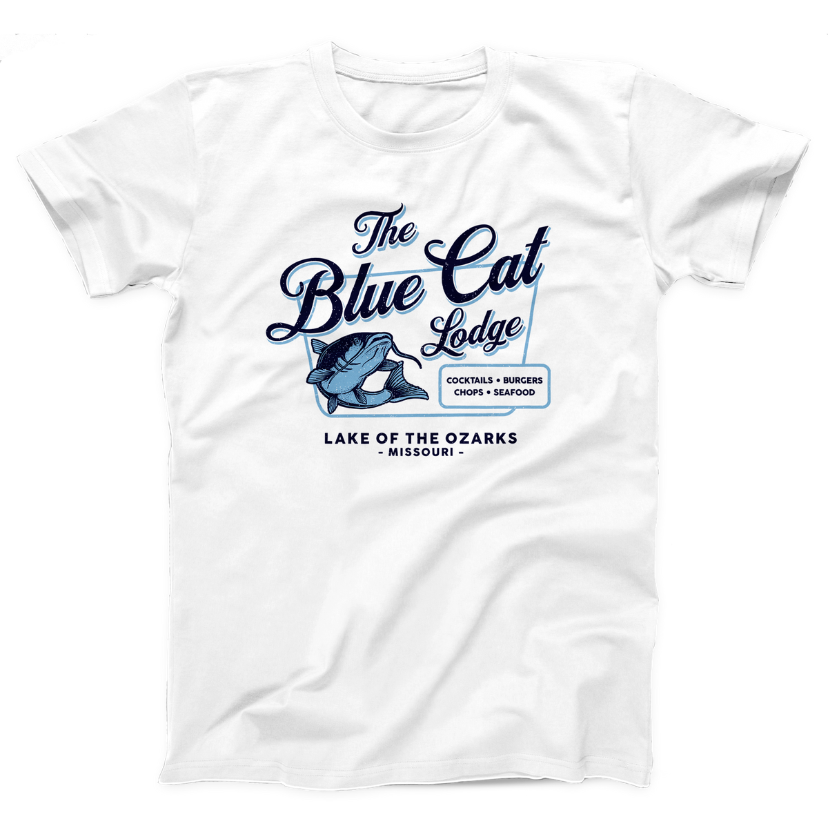 Blue Cat Lodge T-Shirt, flat lay, White