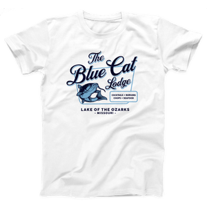 Blue Cat Lodge T-Shirt, flat lay, White