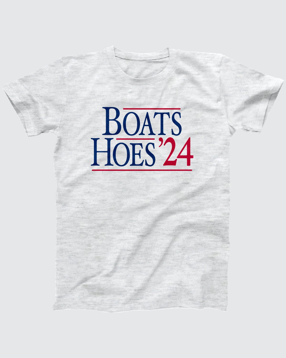 Boats and Hoes 2024 T-Shirt, flat lay on grey
