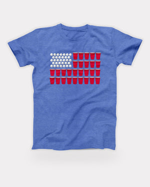 Beer Pong Flag T-Shirt in Heather Columbia Blue, flat lay on grey