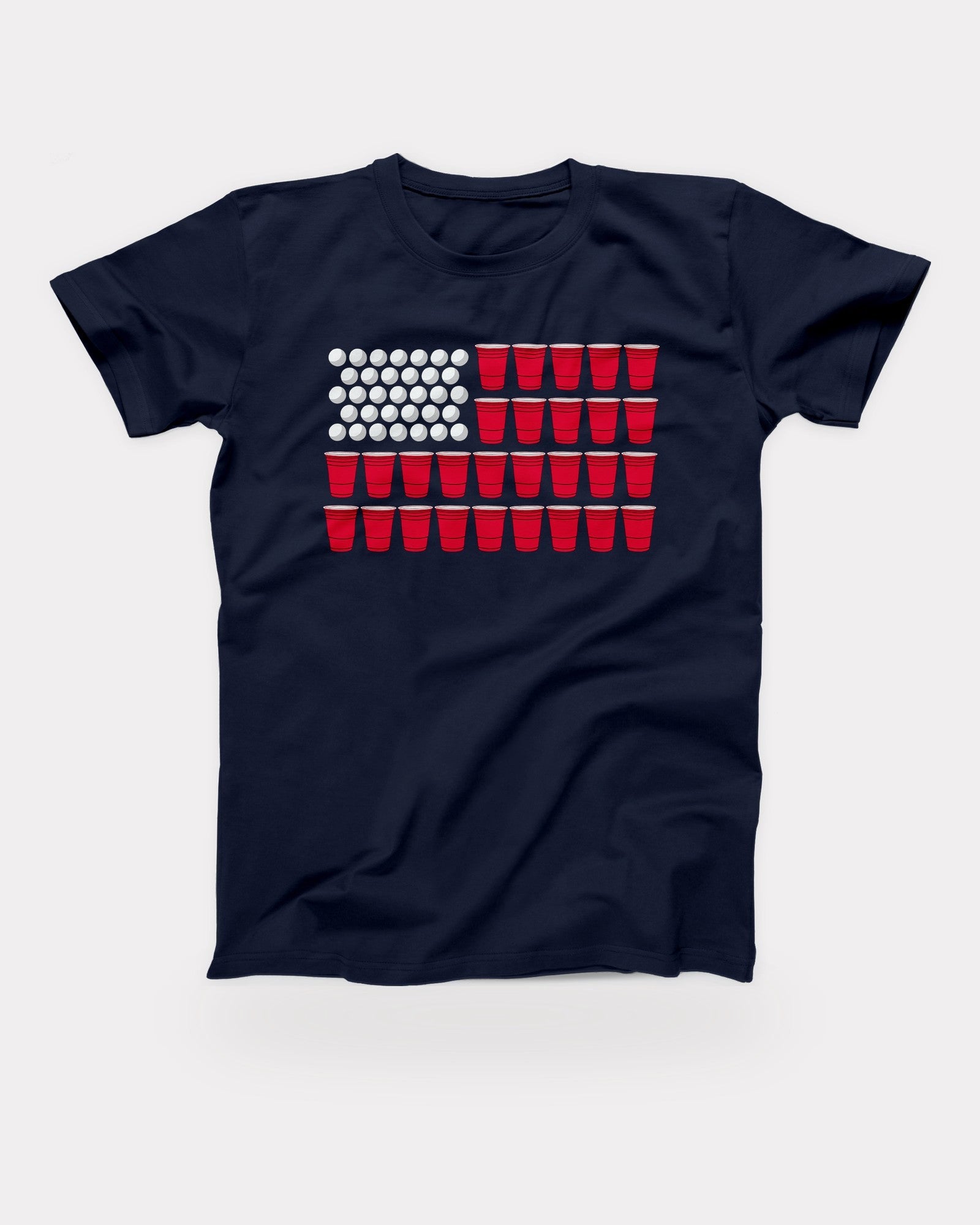 Beer Pong Flag T-Shirt in Navy, flat lay on grey