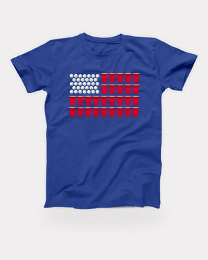 Beer Pong Flag T-Shirt in True Royal, flat lay on grey