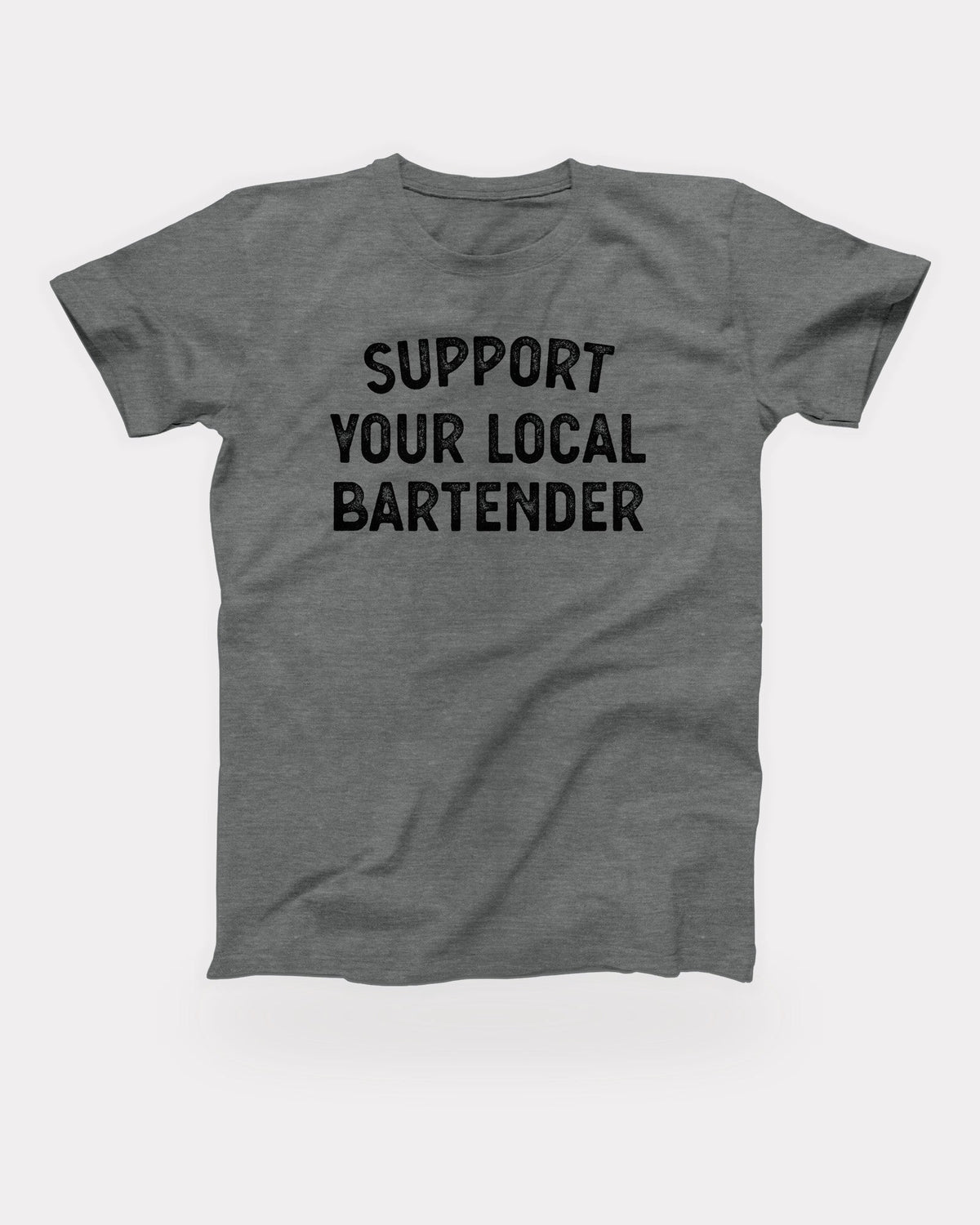 Support Your Local Bartender T-Shirt in Deep Heather, flat lay on grey