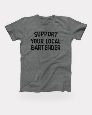 Support Your Local Bartender T-Shirt in Deep Heather, flat lay on grey