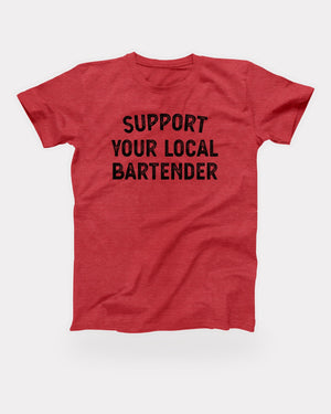 Support Your Local Bartender T-Shirt in Heather Red, flat lay on grey