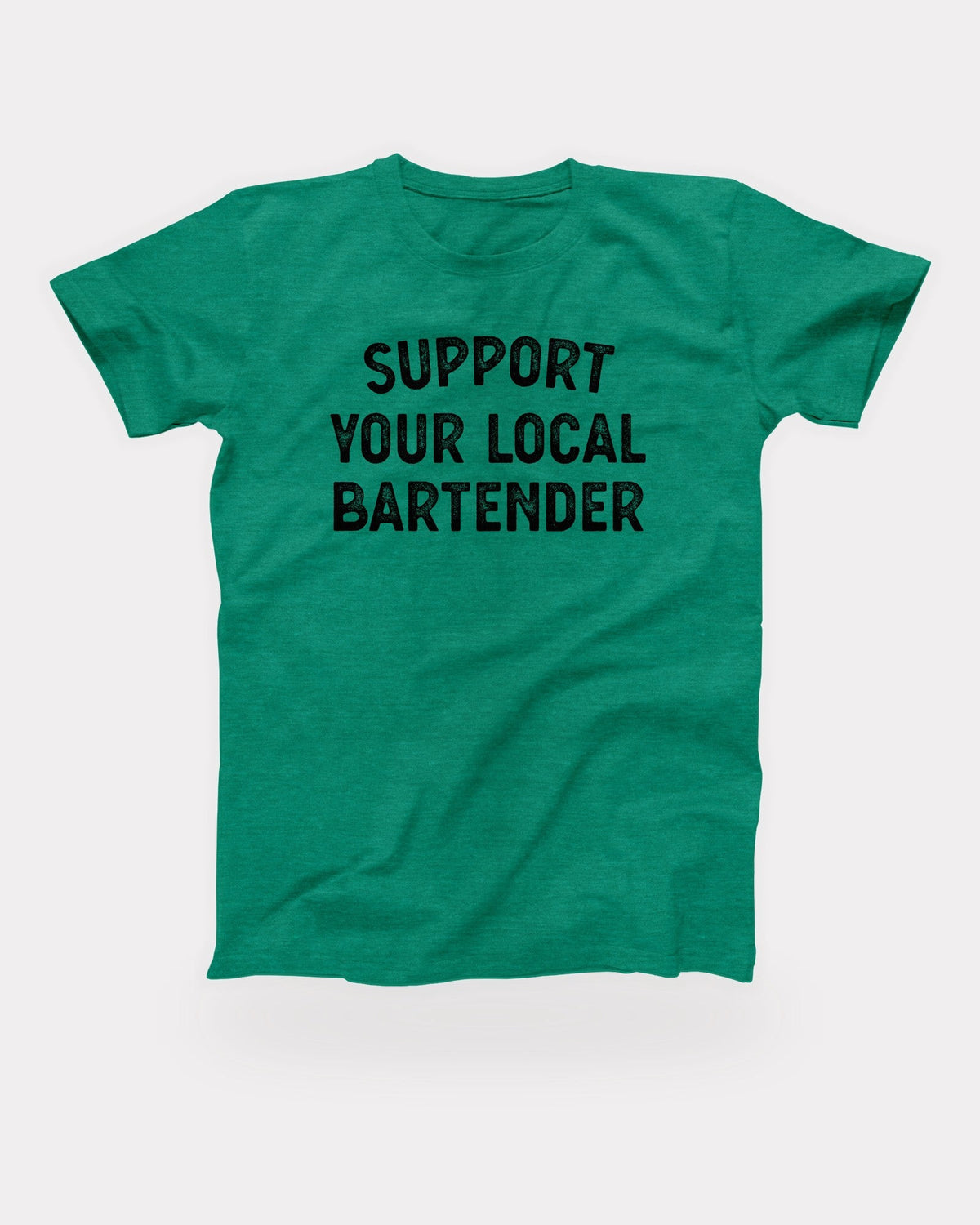Support Your Local Bartender T-Shirt in Heather Kelly, flat lay on grey