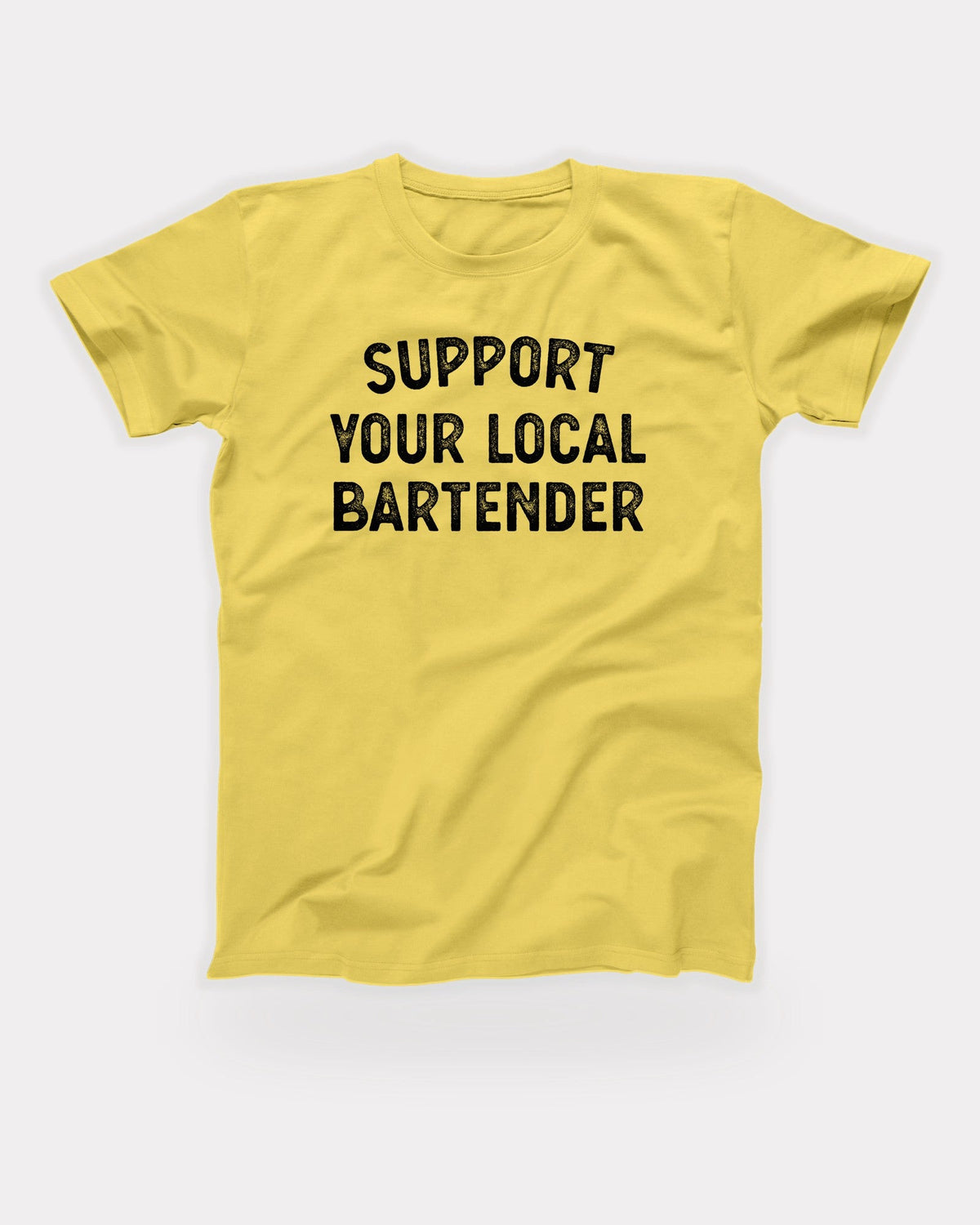 Support Your Local Bartender T-Shirt in Maize Yellow, flat lay on grey