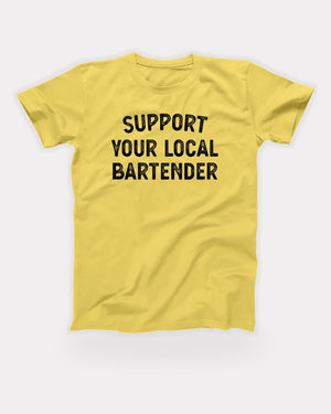 Support Your Local Bartender T-Shirt in Maize Yellow, flat lay on grey