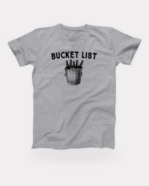 Bucket List T-Shirt in Athletic Heather, flat lay on grey