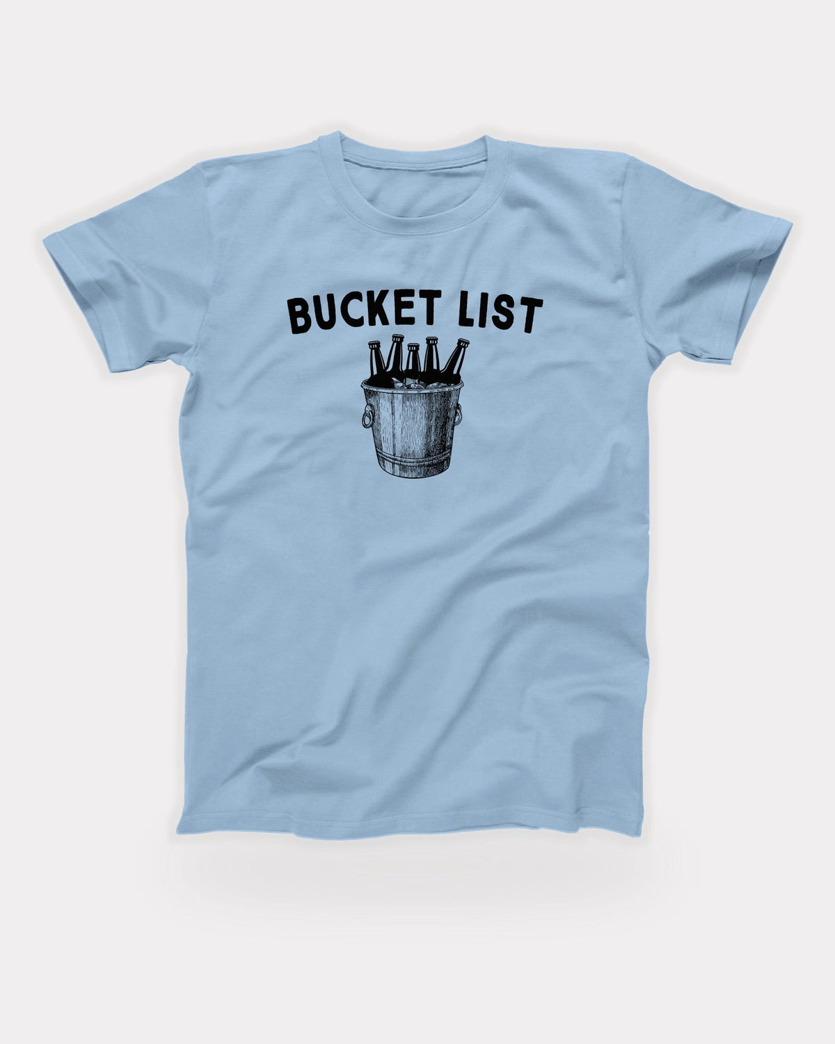 Bucket List T-Shirt in Baby Blue, flat lay on grey