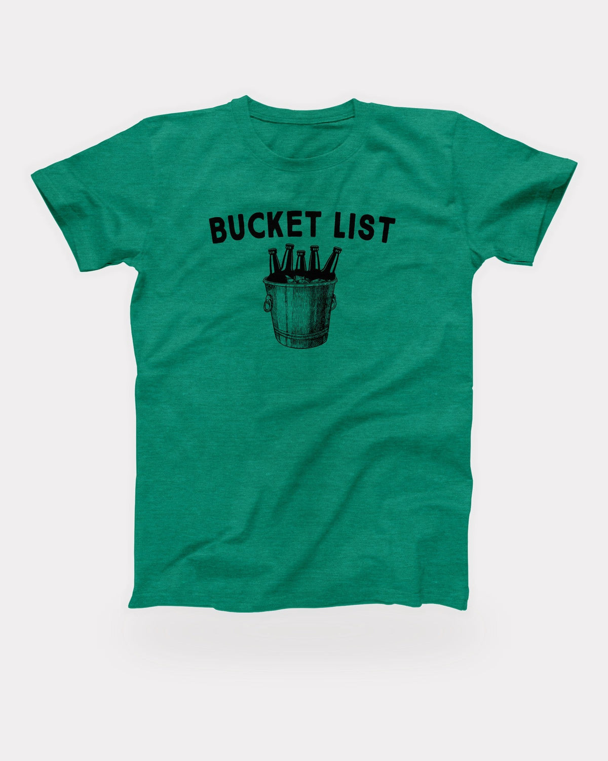 Bucket List T-Shirt in Heather Kelly, flat lay on grey