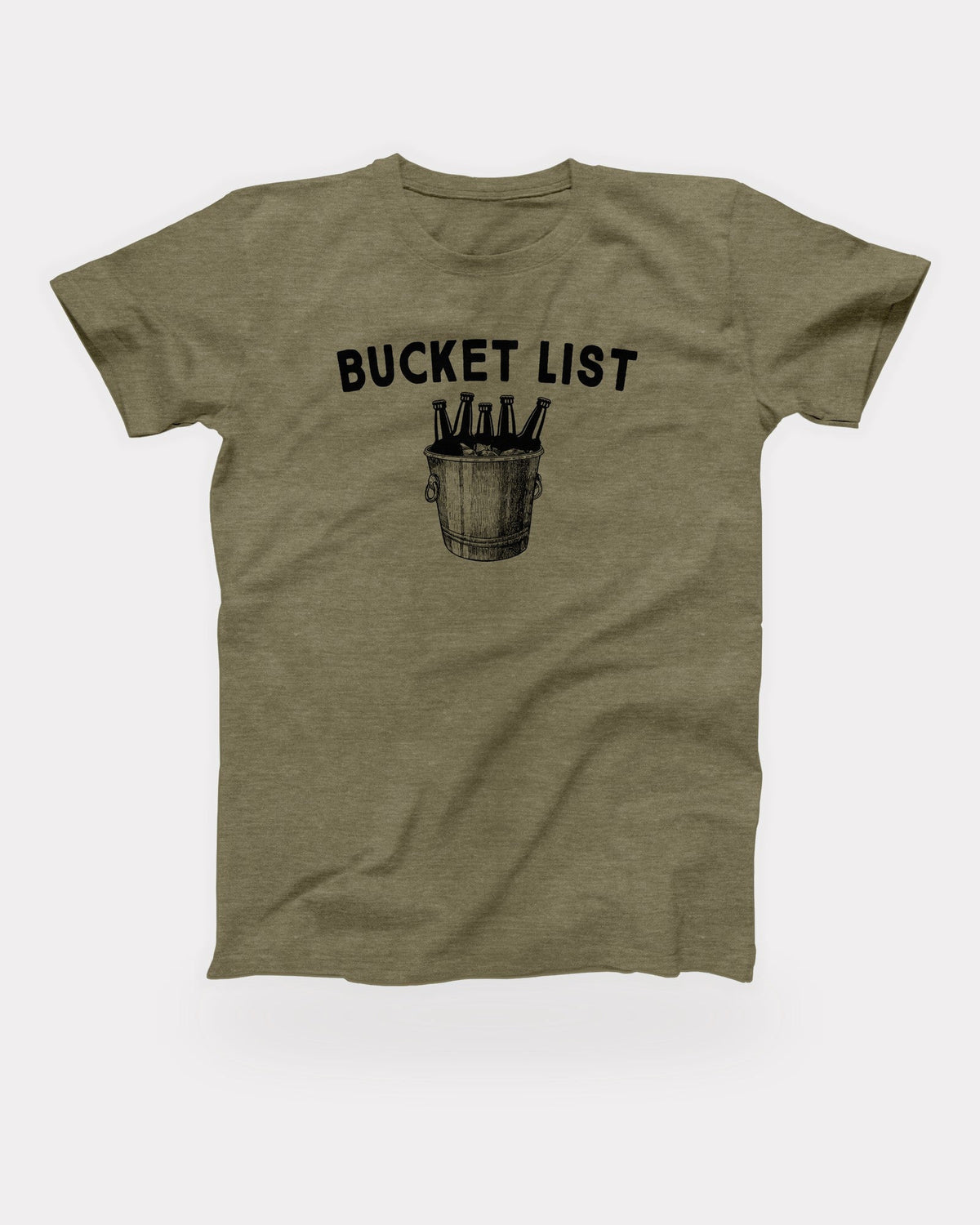 Bucket List T-Shirt in Heather Olive, flat lay on grey