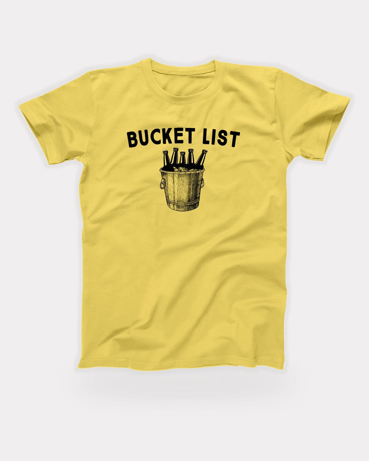 Bucket List T-Shirt in Maize Yellow, flat lay on grey