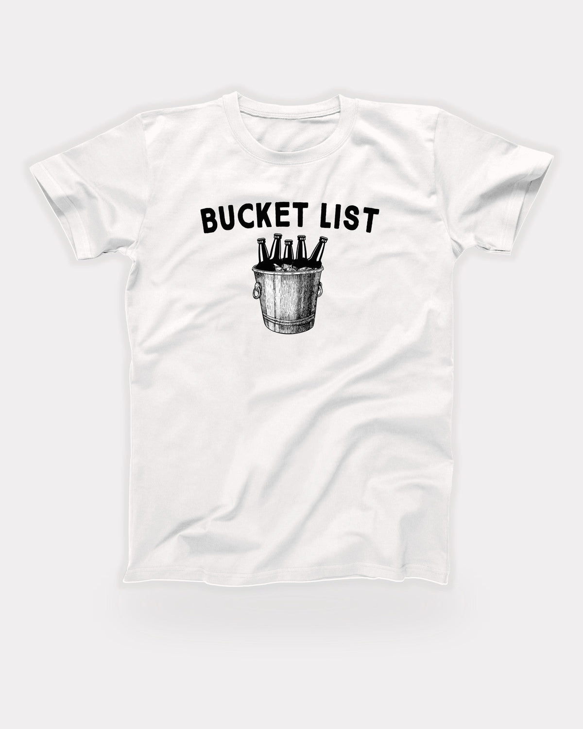 Bucket List T-Shirt in White, flat lay on grey