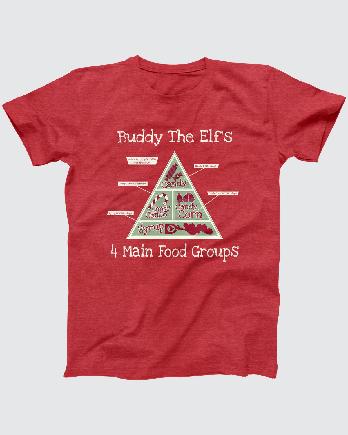 Buddy's 4 Main Food Groups T-Shirt, flat lay on grey