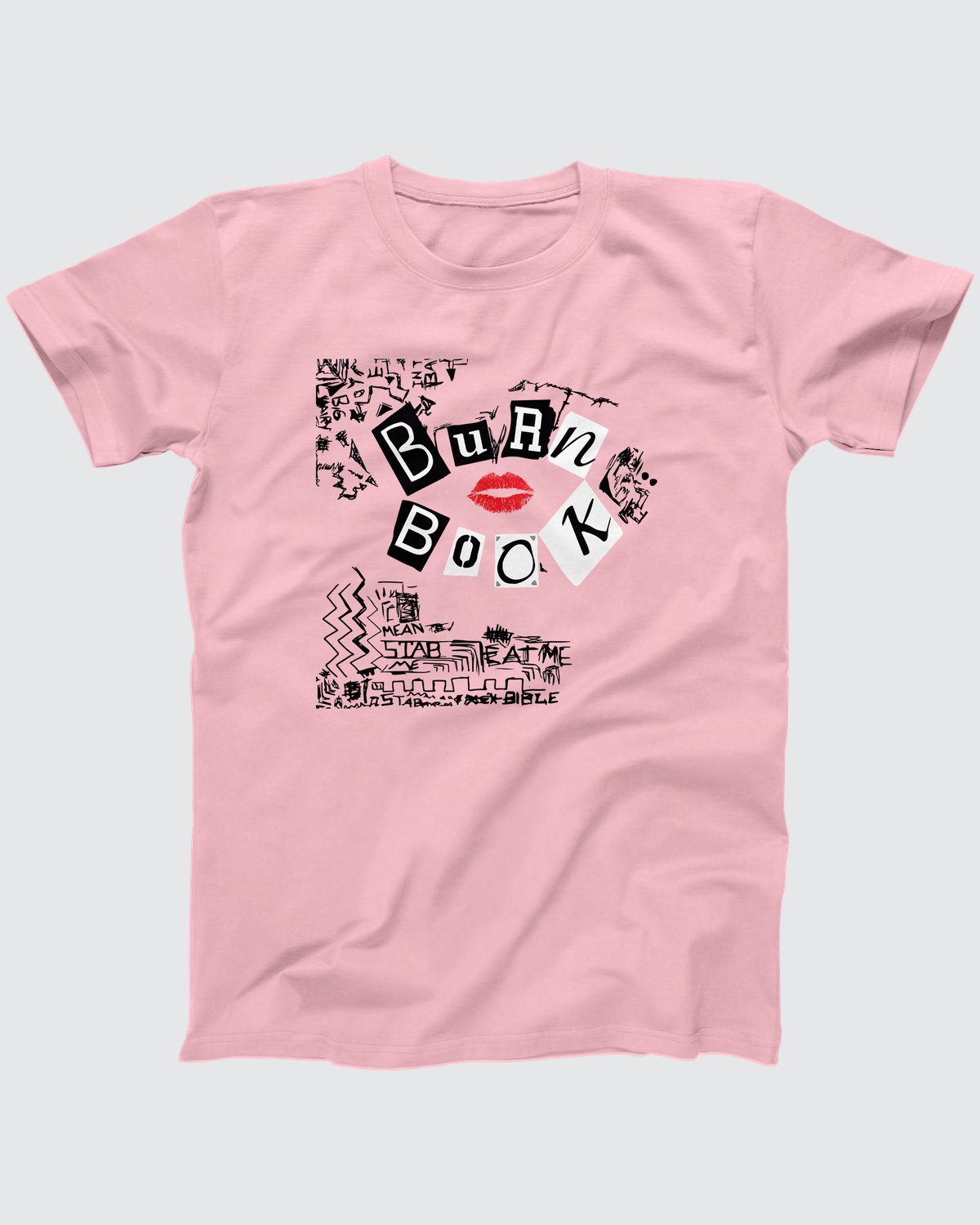 Burn Book T-Shirt, flat lay on grey