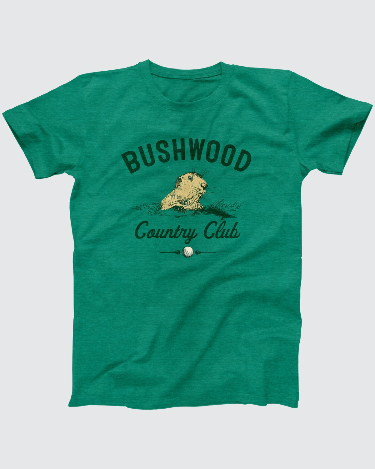 Bushwood Country Club t-shirt in Heather Kelly, flat lay on grey