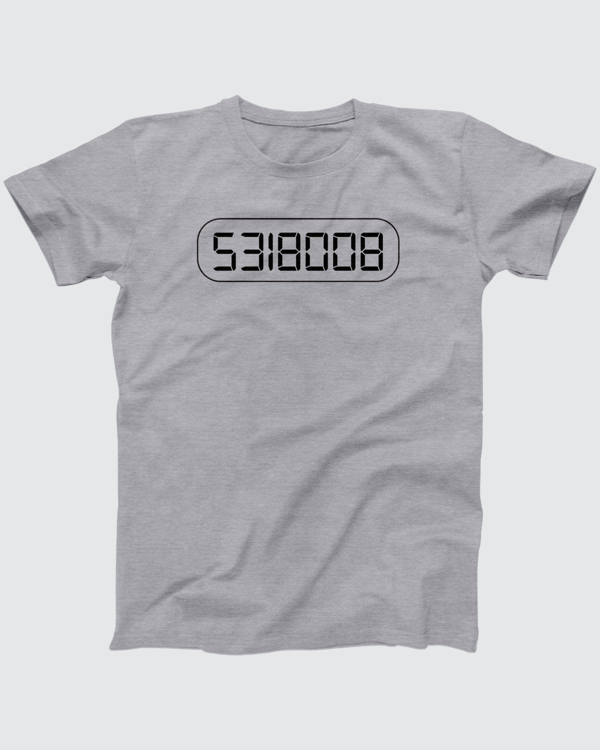 Calculator Boobies t-shirt in Athletic Heather, flat lay on grey