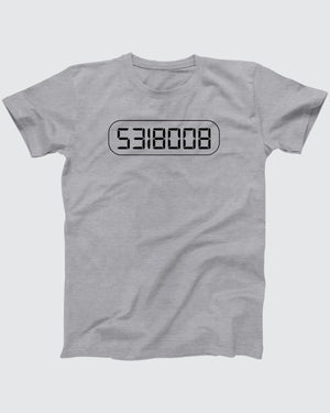 Calculator Boobies t-shirt in Athletic Heather, flat lay on grey