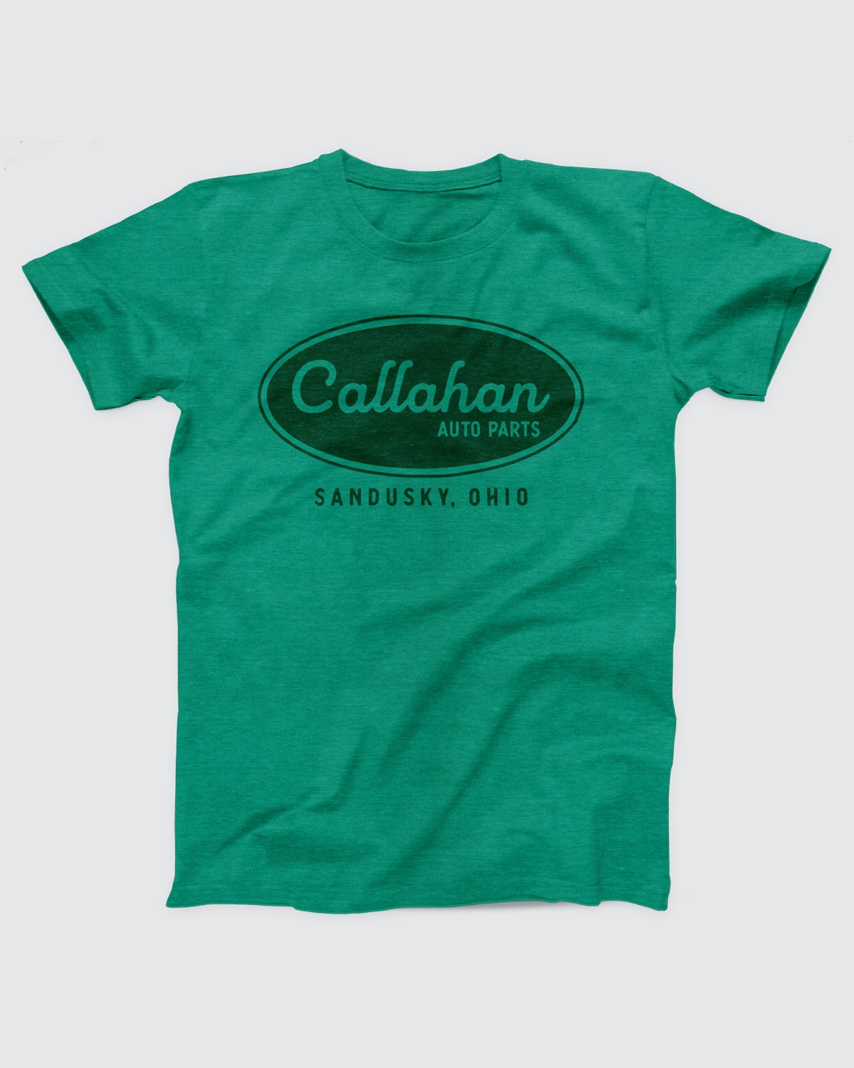 Callahan Auto Parts T-Shirt, flat lay on grey