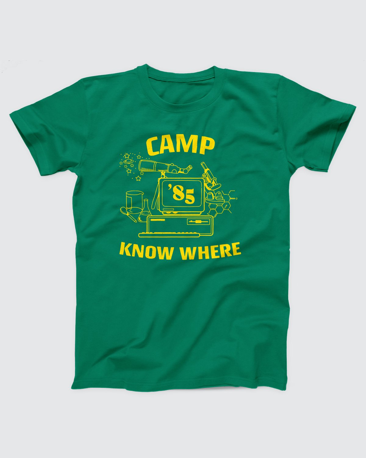Camp Know Where T-Shirt, flat lay on grey